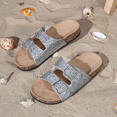 Women's Gold Glitter Slide Sandals Double Buckle Summer Flip Flops Comfortable Flat Casual Shoes in Saudi Arabia