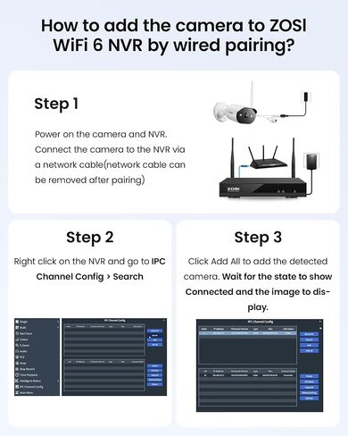Zosi WiFi 6 2K Add -On Security Camera (3MP) - الكاميرا في الهواء الطلق/داخلي مع رؤية ليلية ، متوافقة فقط مع أنظمة ZR08WU/ZR08WS/ZR08PP NVR - يشمل محول الطاقة 12V 1A وكابل 3M. in Kuwait