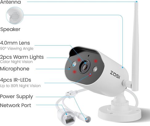 Zosi WiFi 6 2K Add -On Security Camera (3MP) - الكاميرا في الهواء الطلق/داخلي مع رؤية ليلية ، متوافقة فقط مع أنظمة ZR08WU/ZR08WS/ZR08PP NVR - يشمل محول الطاقة 12V 1A وكابل 3M. in Kuwait