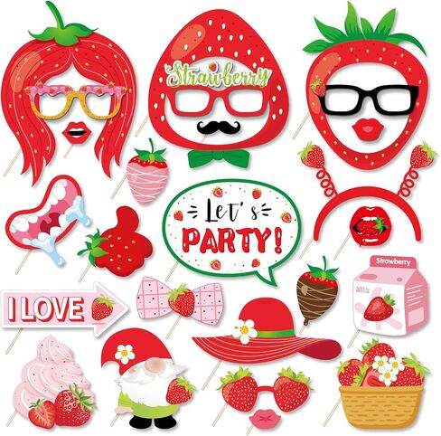 25-Piece Strawberry Photo Booth Props Kit – Sweet Berry Theme Selfie Props with 25 Bamboo Sticks for Birthdays, Baby Showers, Summer Parties in Saudi Arabia