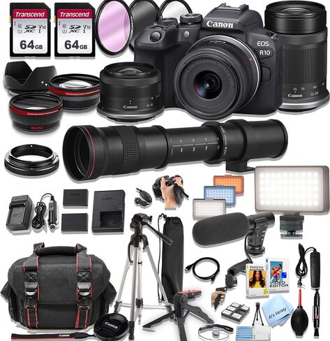 Canon EOS R10 Mirrorless Camera18-45mm و 55-210mm Lenses + 420-800mm Super Teapto Lens + 128GB ذاكرة ، مصباح LED ، ميكروفون ، بطارية احتياطية ، حالة ، ترايبود ، فلاش ، (حزمة 44pc) (متجددة) in Kuwait