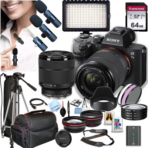 Sony A7 III Mirrorless Camera with 28-70mm Lens + 64GB Memory,Wireless Lavalier Microphones, 126 LED Light, Filters,Case, Tripod, and More (34pc Bundle) in Saudi Arabia