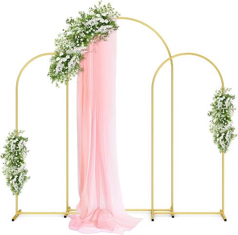 Pureegg Gold Metal Arch Backdrop Stand مجموعة من 3 (7.1 قدم و 6.2 قدم و 6.0 قدم) ، وقوس بالون الزفاف مع قاعدة مستقرة ، إطار خلفية وغطاء للحفلات ، عيد الميلاد ، التخرج ، كشك الصور ، التجميع السهل in Kuwait