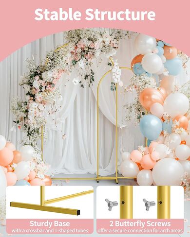 Pureegg Gold Metal Arch Backdrop Stand مجموعة من 3 (7.1 قدم و 6.2 قدم و 6.0 قدم) ، وقوس بالون الزفاف مع قاعدة مستقرة ، إطار خلفية وغطاء للحفلات ، عيد الميلاد ، التخرج ، كشك الصور ، التجميع السهل in Kuwait