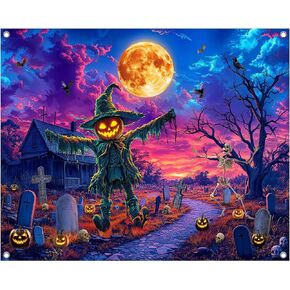10x8FT Halloween Scarecrow Backdrop Evil Pumpkin Lantern Skull Party Banner Decorations Scary Moon Graveyard Photography Background Photo Booth Prop in Saudi Arabia