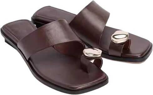 Women's Leather Metal Toe Ring Flat Slide Sandals Fashionable Comfortable Square Open Toe Low Block Heel Slip-On Slipper for Summer Casual Vacation Outdoor Beach Sandals in Kuwait