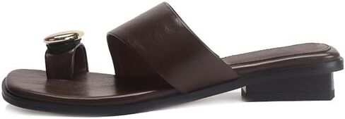 Women's Leather Metal Toe Ring Flat Slide Sandals Fashionable Comfortable Square Open Toe Low Block Heel Slip-On Slipper for Summer Casual Vacation Outdoor Beach Sandals in Kuwait