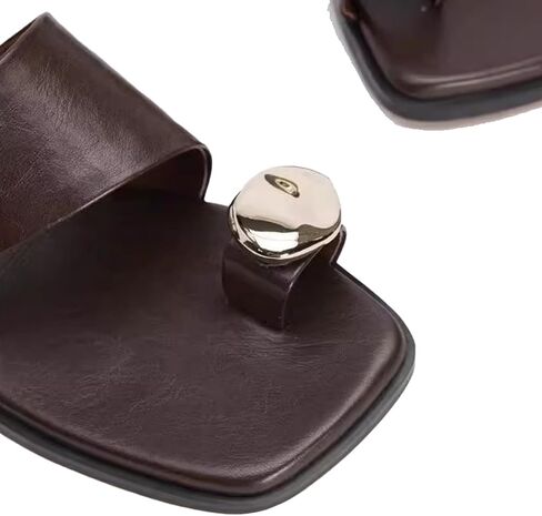 Women's Leather Metal Toe Ring Flat Slide Sandals Fashionable Comfortable Square Open Toe Low Block Heel Slip-On Slipper for Summer Casual Vacation Outdoor Beach Sandals in Kuwait