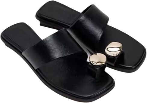 Women's Leather Metal Toe Ring Flat Slide Sandals Fashionable Comfortable Square Open Toe Low Block Heel Slip-On Slipper for Summer Casual Vacation Outdoor Beach Sandals in Kuwait