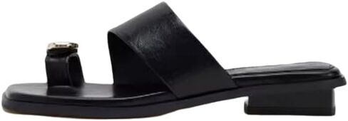 Women's Leather Metal Toe Ring Flat Slide Sandals Fashionable Comfortable Square Open Toe Low Block Heel Slip-On Slipper for Summer Casual Vacation Outdoor Beach Sandals in Kuwait