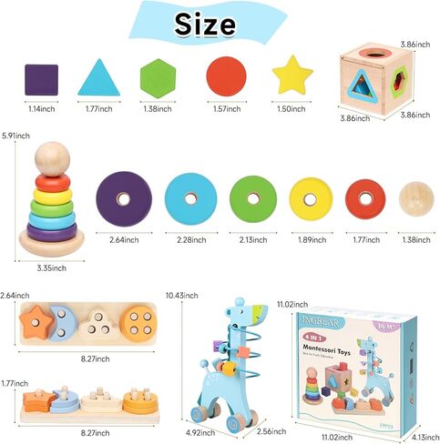 Wooden Montessori Toys for 1 Year Old, 4-in-1 Educational Sensory and Baby Learning Toys for Toddlers Aged 1-3, Boy and Girl's Best Gifts for Birthday (Log) in Kuwait