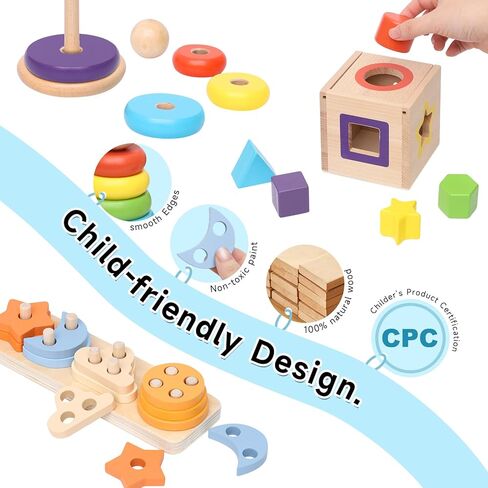 Wooden Montessori Toys for 1 Year Old, 4-in-1 Educational Sensory and Baby Learning Toys for Toddlers Aged 1-3, Boy and Girl's Best Gifts for Birthday (Log) in Kuwait