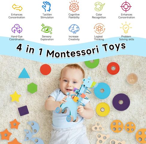 Wooden Montessori Toys for 1 Year Old, 4-in-1 Educational Sensory and Baby Learning Toys for Toddlers Aged 1-3, Boy and Girl's Best Gifts for Birthday (Log) in Kuwait