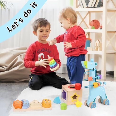 Wooden Montessori Toys for 1 Year Old, 4-in-1 Educational Sensory and Baby Learning Toys for Toddlers Aged 1-3, Boy and Girl's Best Gifts for Birthday (Log) in Kuwait
