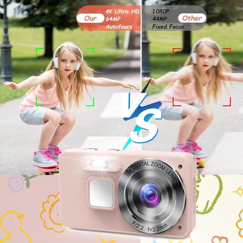 الكاميرا الرقمية Kids UHD 4K التصوير الفوتوغرافي: 64 ميجابكسل نقطة وتصوير كاميرات لتصوير فادح مع بطاقة 64 جيجابايت 18x تكبير- كاميرا صغيرة عتيقة للأولاد الفتيات المراهقين ، كاميرات الجيب المحمولة in Saudi Arabia