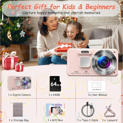 الكاميرا الرقمية Kids UHD 4K التصوير الفوتوغرافي: 64 ميجابكسل نقطة وتصوير كاميرات لتصوير فادح مع بطاقة 64 جيجابايت 18x تكبير- كاميرا صغيرة عتيقة للأولاد الفتيات المراهقين ، كاميرات الجيب المحمولة in Saudi Arabia