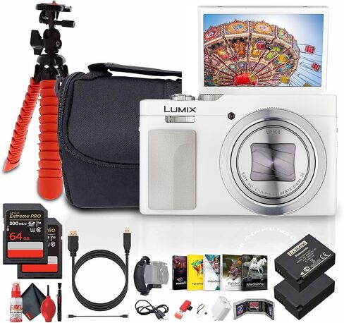 Panasonic TZ99 / ZS99 نقطة وتصوير الكاميرا الرقمية السفر المدمجة (أسود) (DC-TZ99) + برنامج الصور + 2 × 64 جيجابايت بطاقة الذاكرة + DMW-Blg10 البطارية + حقيبة الكاميرا + ترايبود مرنة + كابل USB-C + المزيد in Kuwait