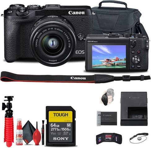 Canon EOS M6 Mark II Digital Digital Camera مع عدسة 15-45 مم (أسود) + 64 جيجابايت بطاقة صعبة + CASE + Flex Tripod + حزام يدوية + محفظة للذاكرة + أكثر (متجددة) in Saudi Arabia
