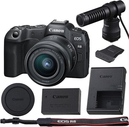 الكاميرا Canon EOS R8 بدون مرآة مع Canon RF 24-50 مم F/4.5-6.3 هي عدسة STM (Canon RF) و MM-E100 Canon DM-E100 مع طقم الزجاج الأمامي. ، الأسود in Saudi Arabia