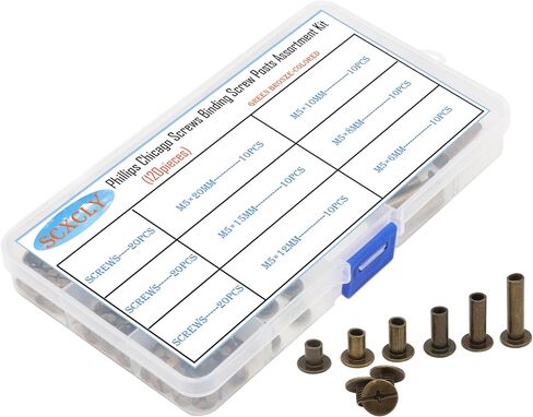 SCXCLY 120pcs Chicago Screws Binding Screw Posts Assortment Kit, 6 Sizes(M5 x 6/10/15/25/30/45mm), Carbon Steel Nickel-Plated in Kuwait