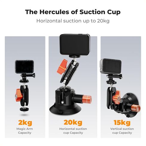 K & F Concept 3 "Cuction Cup Mount مع 360 درجة ذراع ماجة للرأس مزدوج الكرة ، 1/4" المسمار ، حبل السيارة السريع متوافق مع DJI Insta360 لفيديو كاميرا الحركة in Saudi Arabia