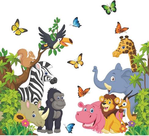 Jungle Animals Wall Stickers – Peel & Stick 3D Safari Decals with Giraffe, Leopard, Monkey, Palm Leaves, Birds, and Butterflies – Removable Vinyl Wall Art for Nursery Bedroom Decor in Saudi Arabia