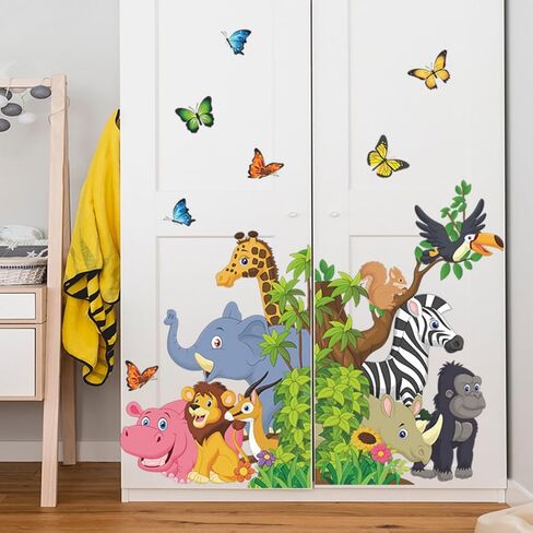 Jungle Animals Wall Stickers – Peel & Stick 3D Safari Decals with Giraffe, Leopard, Monkey, Palm Leaves, Birds, and Butterflies – Removable Vinyl Wall Art for Nursery Bedroom Decor in Saudi Arabia