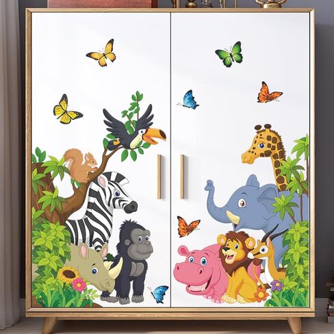 Jungle Animals Wall Stickers – Peel & Stick 3D Safari Decals with Giraffe, Leopard, Monkey, Palm Leaves, Birds, and Butterflies – Removable Vinyl Wall Art for Nursery Bedroom Decor in Saudi Arabia