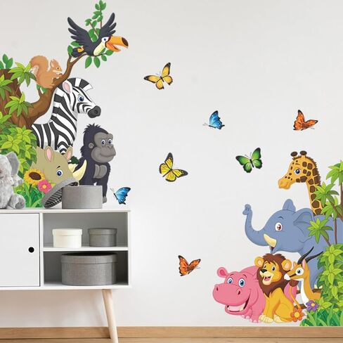 Jungle Animals Wall Stickers – Peel & Stick 3D Safari Decals with Giraffe, Leopard, Monkey, Palm Leaves, Birds, and Butterflies – Removable Vinyl Wall Art for Nursery Bedroom Decor in Saudi Arabia