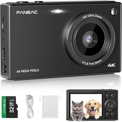 S1 Digital Camera for Kids & Beginners ، Point Autofocus Point و Shoot Camera مع شاشة IPS ، تكبير 16x ، مرشحات العدسات الماكرو ، المؤقت الذاتي ، بطاقة 32 جيجابايت - Pink (الرقمية 4K UHD 1080p FHD) in Kuwait