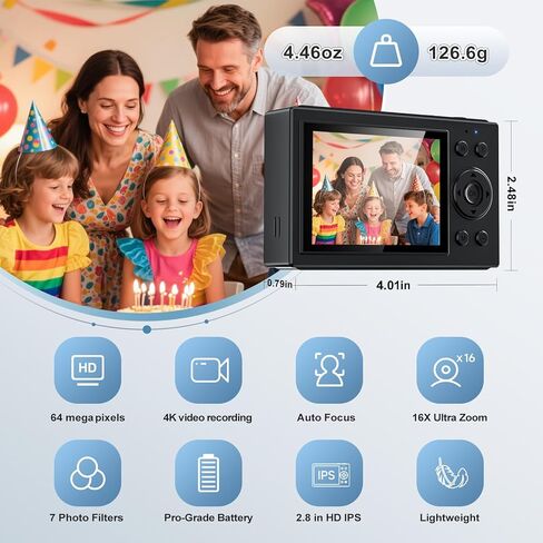 S1 Digital Camera for Kids & Beginners ، Point Autofocus Point و Shoot Camera مع شاشة IPS ، تكبير 16x ، مرشحات العدسات الماكرو ، المؤقت الذاتي ، بطاقة 32 جيجابايت - Pink (الرقمية 4K UHD 1080p FHD) in Kuwait