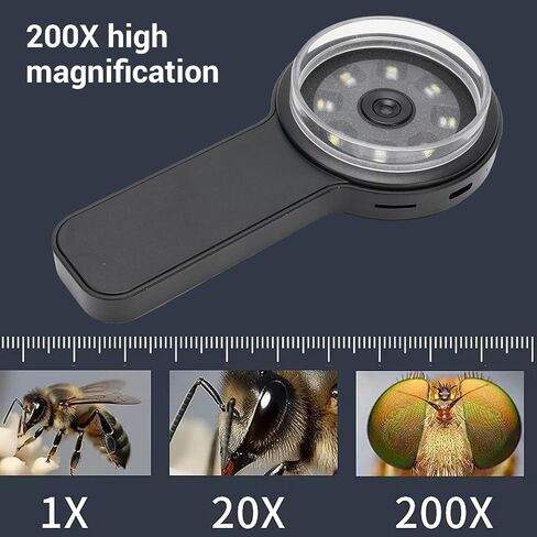 fosa Portable Digital Microscope, 200X Magnification Handheld Magnifier, Digital Magnifying Glass with 2 Inch Screen 16 LED Lights, for Jewelry Appraisal Nature Observation (Black) in Kuwait