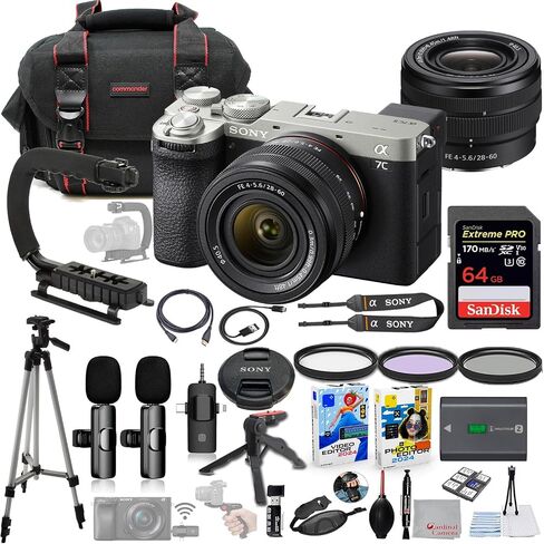 Sony a7C II Mirrorless Camera with 28-60mm Lens (Silver) Bundle + Wireless Microphone System + Accessory Package Including 64GB Extreme Memory, U-Grip, Case, Tripod, Software and More (26 Items) in Saudi Arabia
