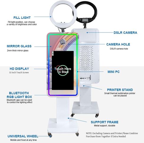 Magic Mirror Photo Booth 32 "Touch Screen Mirror Photo Booth Selfie Machine Machine Ring Light RGB Frame for Event Rental Wedding Party (Machine+Mini Printer) in Kuwait