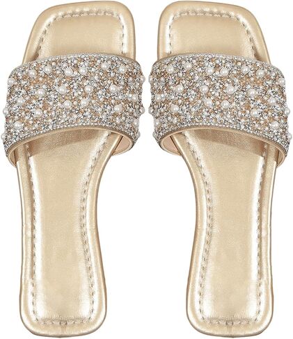 GORGLITTER Women's Pearl Sandals Leather Square Open Toe Slip On Dressy Wedding Flat Sandals in Saudi Arabia