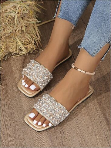GORGLITTER Women's Pearl Sandals Leather Square Open Toe Slip On Dressy Wedding Flat Sandals in Saudi Arabia