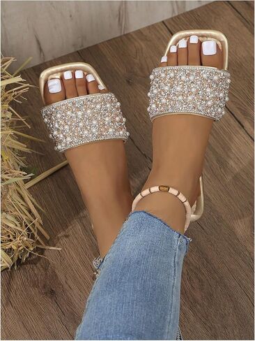 GORGLITTER Women's Pearl Sandals Leather Square Open Toe Slip On Dressy Wedding Flat Sandals in Saudi Arabia