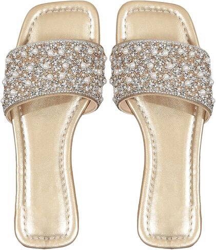 GORGLITTER Women's Pearl Sandals Leather Square Open Toe Slip On Dressy Wedding Flat Sandals in Saudi Arabia