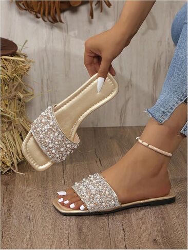 GORGLITTER Women's Pearl Sandals Leather Square Open Toe Slip On Dressy Wedding Flat Sandals in Saudi Arabia