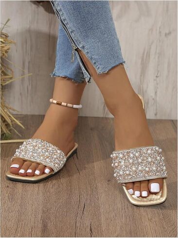 GORGLITTER Women's Pearl Sandals Leather Square Open Toe Slip On Dressy Wedding Flat Sandals in Saudi Arabia