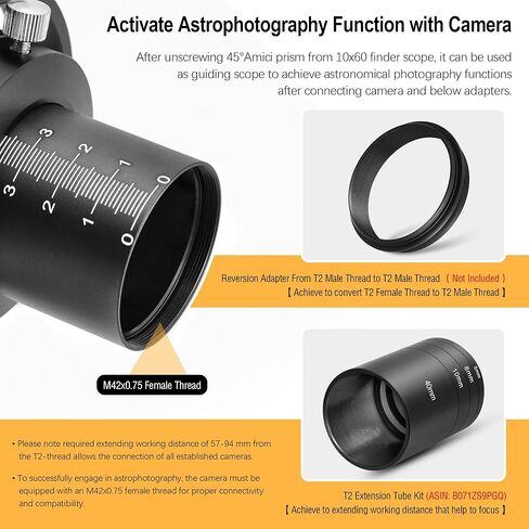 Astromania Astronomical T2 -Extension Tube Kit للكاميرات والعيون - الطول 8 مم 15 مم 20 مم - حزمة مع - 10x60 Deluxe Finder Scope in Saudi Arabia