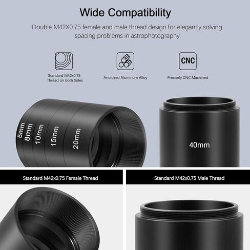 Astromania Astronomical T2-Extension Tube Kit for Cameras and eyepieces - Length 5mm 8mm 10mm 15mm 20mm 40mm - Bundle with - M48X0.75 Male/M42X0.75 Female to M42X0.75 Male Telescope Adapter in Saudi Arabia