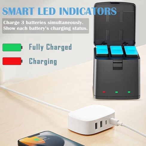 Camera Camera 3-Channel Battery Charger & Storage Case لـ GoPro Hero 12/11/10/9 | Fast Type-C شحن الرصيف لكاميرات العمل | محطة طاقة محمولة مضغوطة لثلاث بطاريات in Saudi Arabia