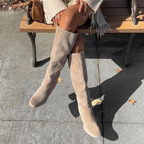 Knee High Boots for Women Chunky Heel Square Toe Tall Boots with Side Zipper Fashion Party Wide Calf Long Boots in Saudi Arabia