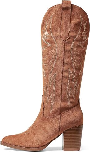 AOSPHIRAYLIAN Cowboy Boots for Women Pointed Toe Knee High Cowboy Boots Women Wide Calf Cowgirl Western Embroidery Pull On Chunky Block High Heels Boot in Saudi Arabia
