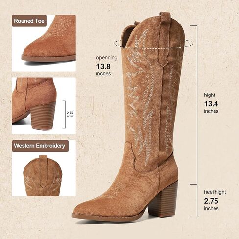 AOSPHIRAYLIAN Cowboy Boots for Women Pointed Toe Knee High Cowboy Boots Women Wide Calf Cowgirl Western Embroidery Pull On Chunky Block High Heels Boot in Saudi Arabia