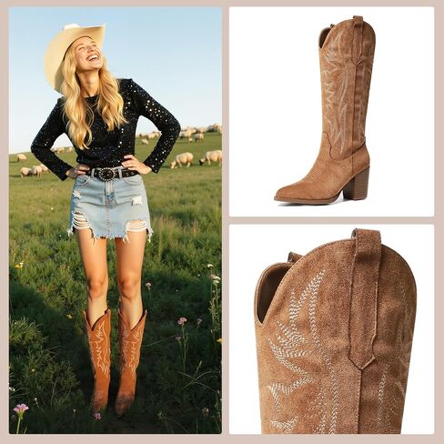 AOSPHIRAYLIAN Cowboy Boots for Women Pointed Toe Knee High Cowboy Boots Women Wide Calf Cowgirl Western Embroidery Pull On Chunky Block High Heels Boot in Saudi Arabia
