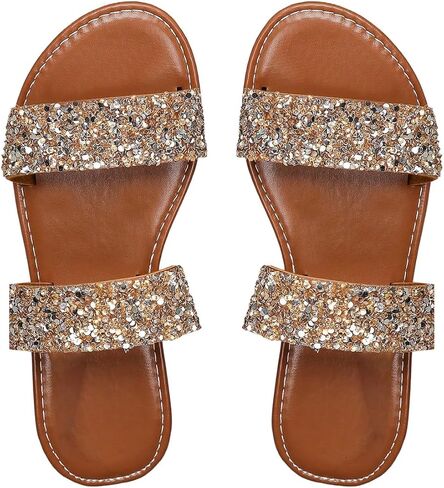 Verdusa Women's Glitter Rhinestone Flat Sandals Open Toe Double Strap Summer Slip on Slides in Saudi Arabia