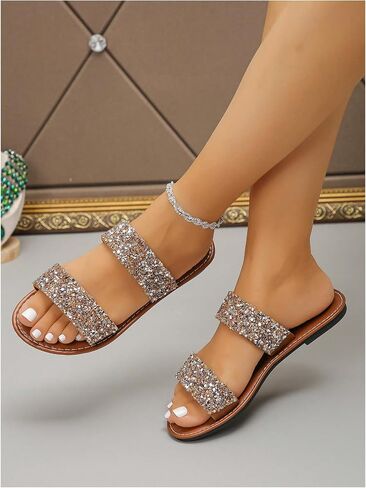 Verdusa Women's Glitter Rhinestone Flat Sandals Open Toe Double Strap Summer Slip on Slides in Saudi Arabia