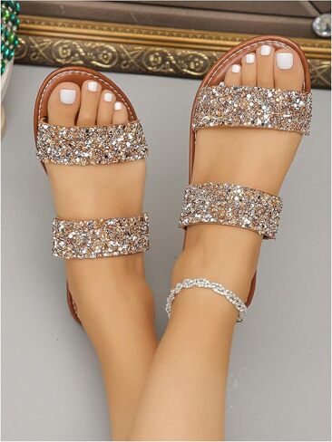 Verdusa Women's Glitter Rhinestone Flat Sandals Open Toe Double Strap Summer Slip on Slides in Saudi Arabia